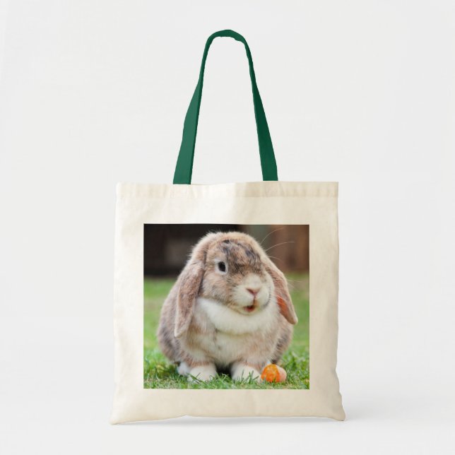 Cute Lop Eared Rabbit in the Grass with Carrot Tote Bag (Front)