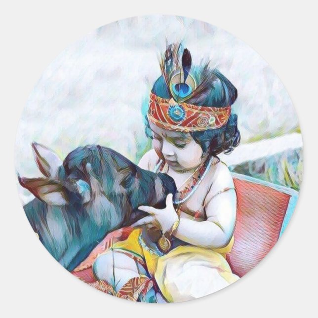 cute lord krishna with cow classic round sticker (Front)
