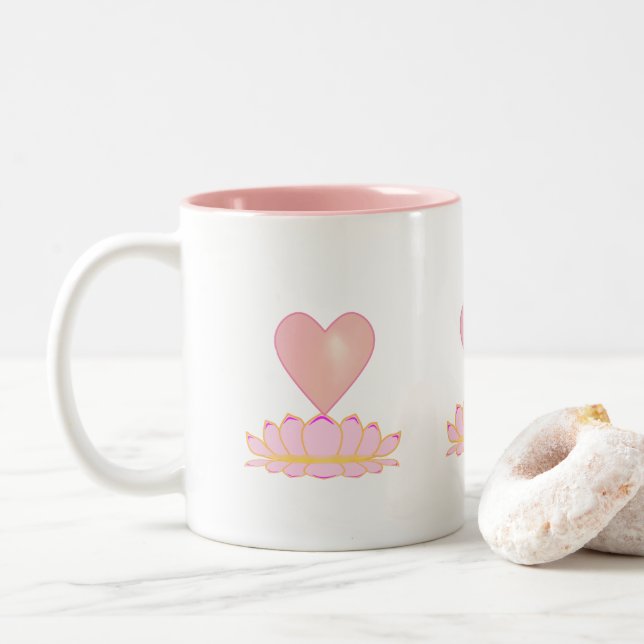 Cute Lotus Flower & Heart Two-Tone Coffee Mug (With Donut)