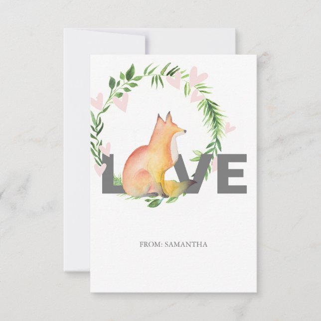 Cute Love and Fox Kids Classroom Valentine Card (Front)