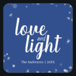 Cute Love and Light Stars Hanukkah Snowy Holiday Square Sticker<br><div class="desc">Cute and stylish,  these stickers are perfect for your holiday gift-giving needs.  Features white and silver snowflakes and stars on a blue background.  Change the white text to fit any holiday greeting as well as your family name and the year.  Great for Christmas or Hanukkah.</div>