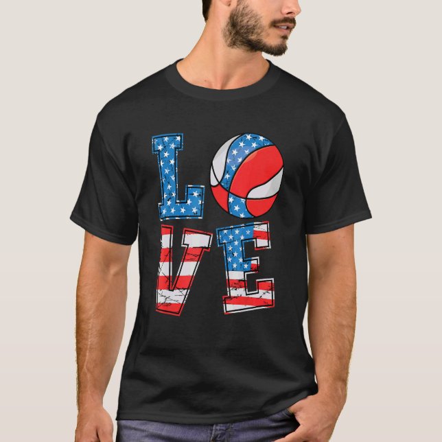 Cute Love Basketball Usa Flag Women Girls Basketba T-Shirt (Front)