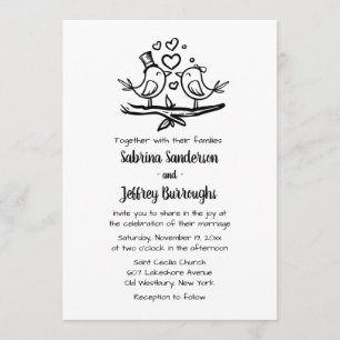 Cute Love Bird Black White Lovebirds Wedding Invitation