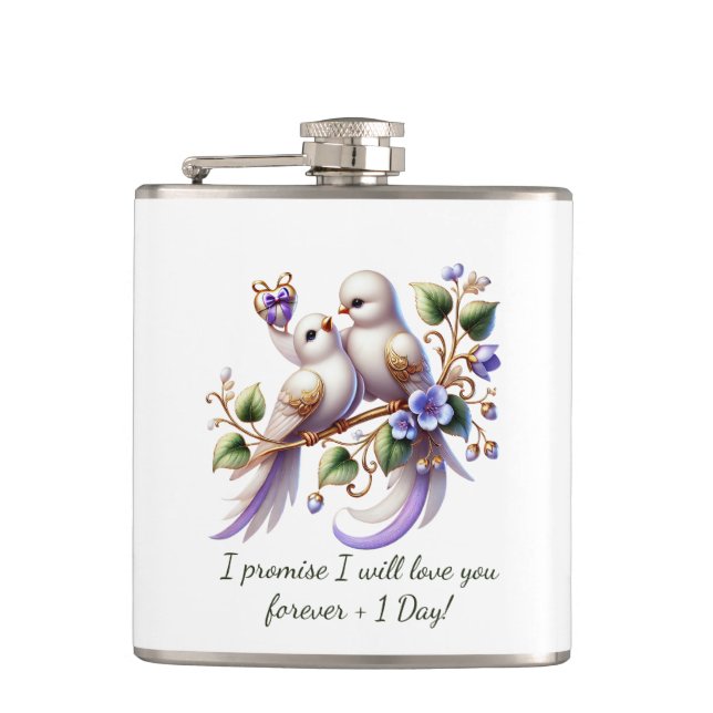 Cute love bird sentiment from Bride to Groom Hip Flask (Front)