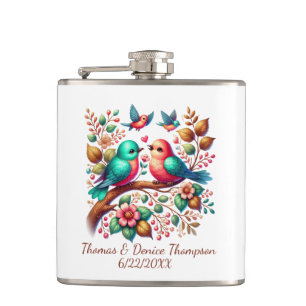 Cute love birds add name date Bride Groom  Hip Flask