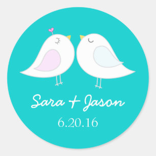 Cute love birds aqua wedding sticker