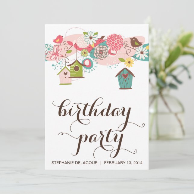 Cute Love Birds & Bird Houses Birthday Invitation (Standing Front)