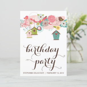 Cute Love Birds & Bird Houses Birthday Invitation