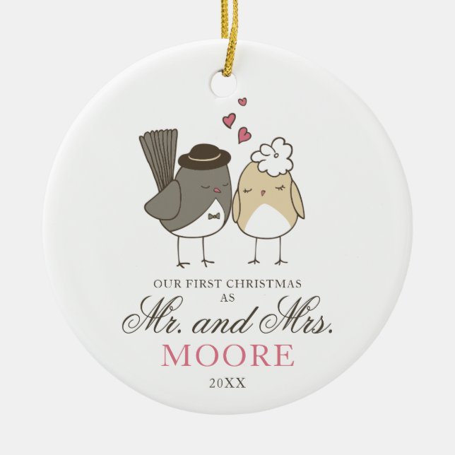 Cute Love Birds Cartoon Mr and Mrs Personalised Ceramic Ornament (Front)