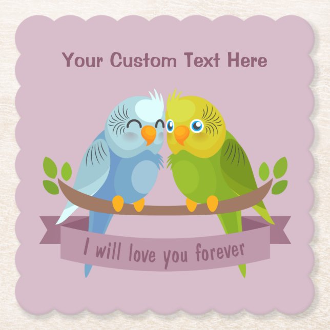 Cute Love Birds custom text paper coasters (Front)