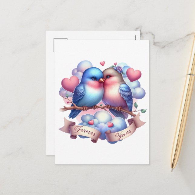 Cute love birds forever yours Valentine Holiday Postcard (Front/Back In Situ)