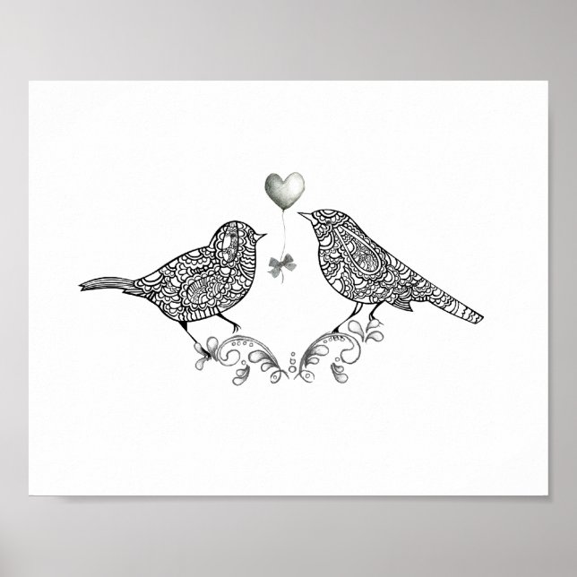 Cute Love Birds in Black and White Poster Print (Front)