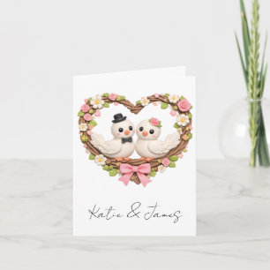 Cute Love Birds in Heart-Shaped Floral Wreath Holiday Card