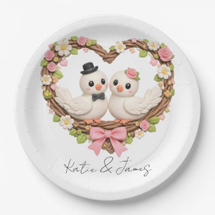 Cute Love Birds in Heart-Shaped Floral Wreath Paper Plate