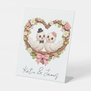 Cute Love Birds in Heart-Shaped Floral Wreath Pedestal Sign
