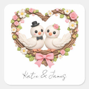 Cute Love Birds in Heart-Shaped Floral Wreath Square Sticker