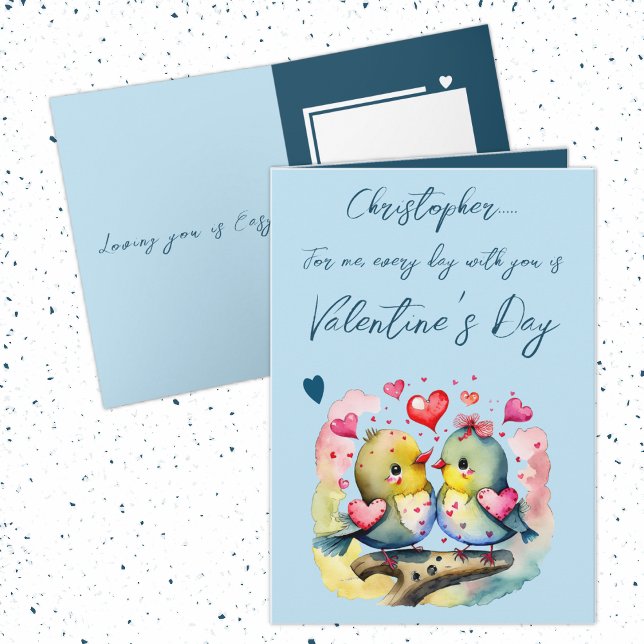 Cute love birds name blue Valentine's Day Card (Creator Uploaded)