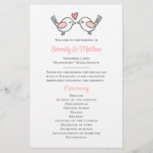 Cute Love Birds Pink Lovebirds Wedding Programs