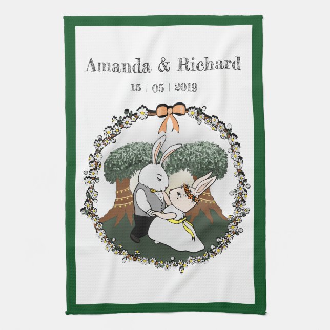 Cute Love Bunnies | Custom Wedding Anniversary Tea Towel (Vertical)