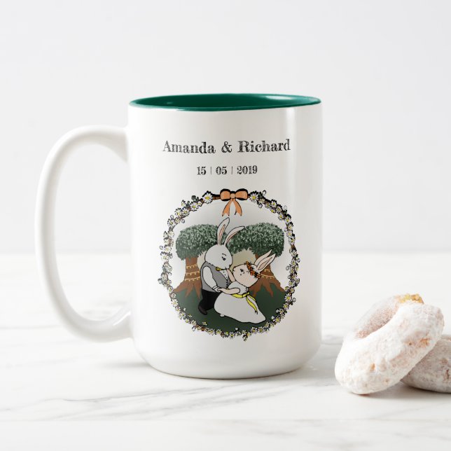 Cute Love Bunnies | Custom Wedding Anniversary Two-Tone Coffee Mug (With Donut)