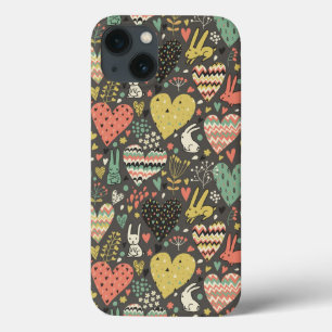 Cute love bunnies pattern with hearts iPhone 13 case