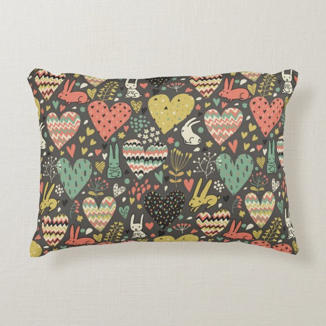 Cute love bunnies pattern with hearts decorative cushion (Front)