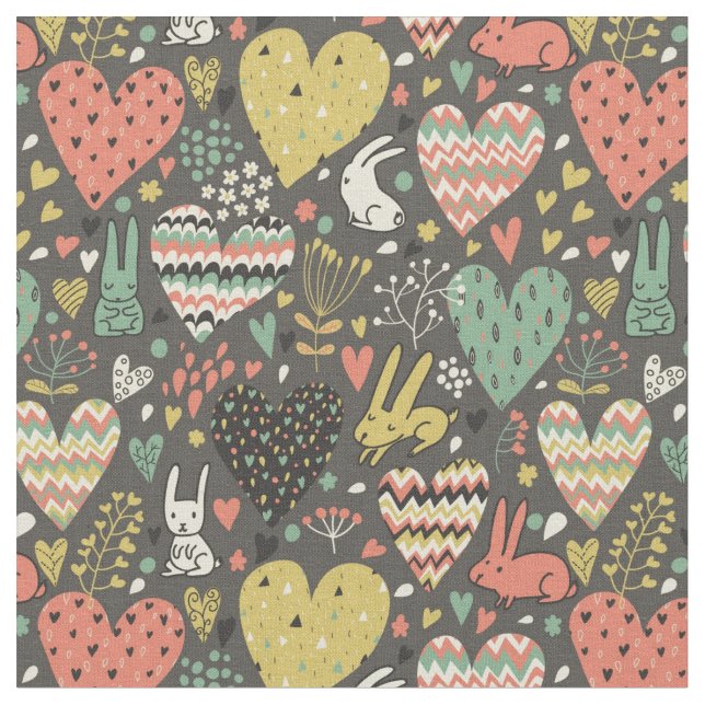 Cute love bunnies pattern with hearts fabric (Close Up)