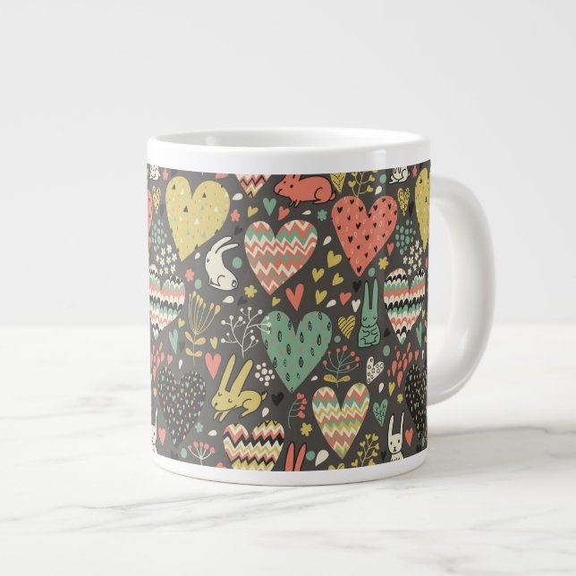 Cute love bunnies pattern with hearts large coffee mug (Front Right)