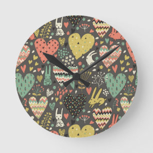 Cute love bunnies pattern with hearts round clock