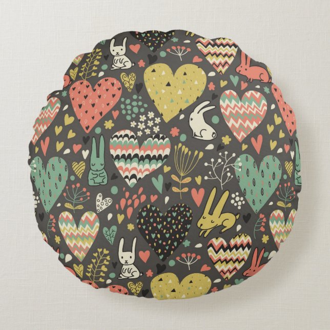 Cute love bunnies pattern with hearts round cushion (Front)