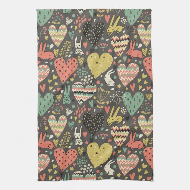 Cute love bunnies pattern with hearts tea towel (Vertical)