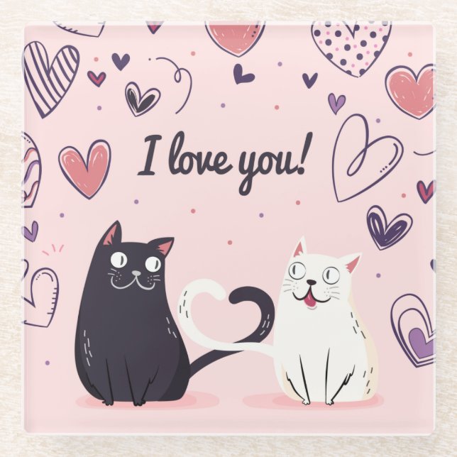 Cute Love Cats Glass Coaster (Front)