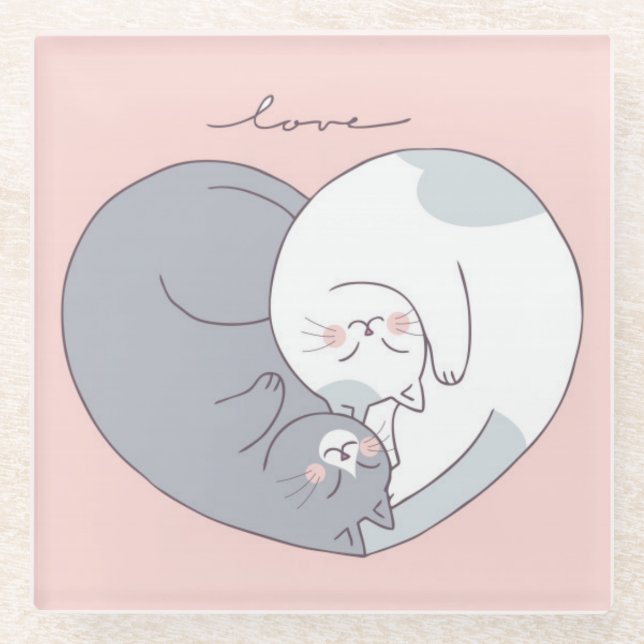 Cute Love Cats Glass Coaster (Front)