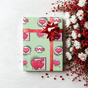 Cute love comic book style green heart gifts wrapping paper