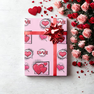 Cute love comic book style pink heart gifts wrapping paper