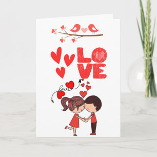 Cute Love Couple Illustration with Hearts Card