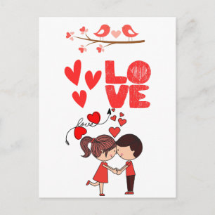 Cute Love Couple Illustration with Hearts Postcard
