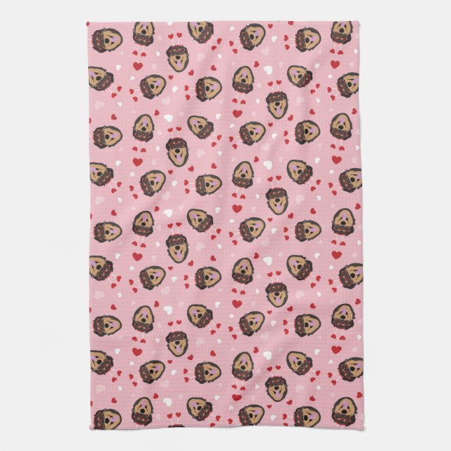 Cute Love Dog Pink Red Tea Towel (Vertical)