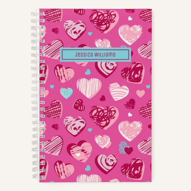 Cute Love Doodle Sweet Heart Pattern Pink Notebook (Front)