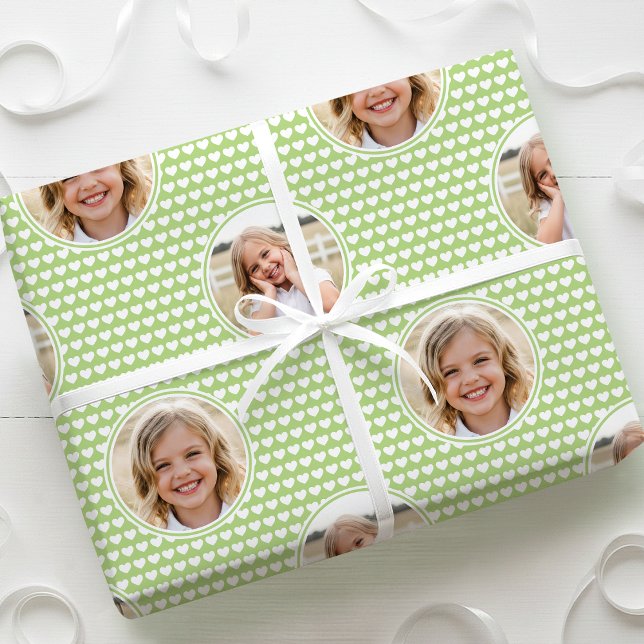 Cute Love Heart 2 Photo Pretty Green Pattern Wrapping Paper (Creator Uploaded)