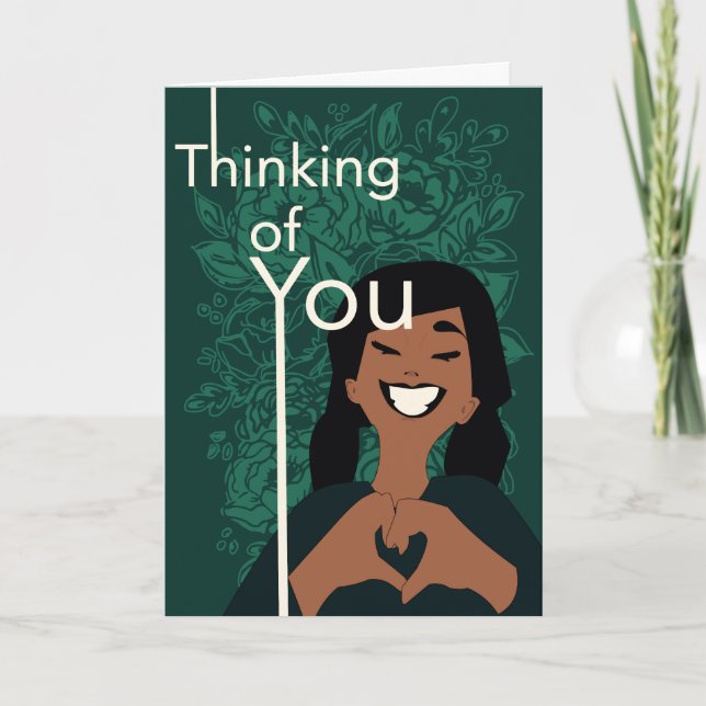 Cute Love Heart Floral Green Thinking of You  Thank You Card (Front)