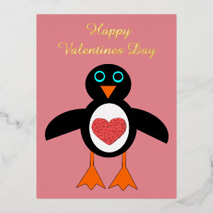 Cute Love Heart Penguin Custom Valentines Day Foil Holiday Postcard