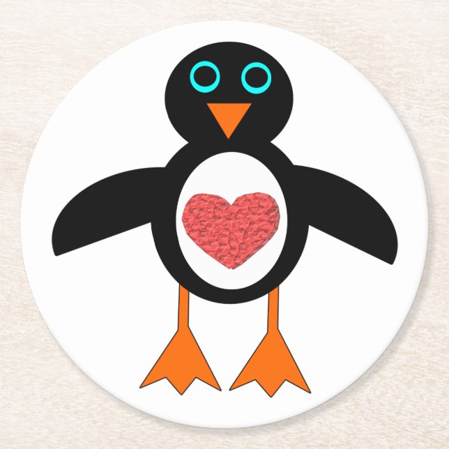 Cute Love Heart Penguin Paper Coasters (Front)