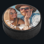 Cute Love Heart Photo Couples Personalised Names Hockey Puck<br><div class="desc">Cute Love Heart Photo Couples Personalised Names Hockey Pucks features your favourite photo with a love heart and personalised with your names in modern white script. Personalise by editing the text in the text box provided and adding your own picture. Perfect gifts for couples, girlfriend, wife, sweetheart and more for...</div>