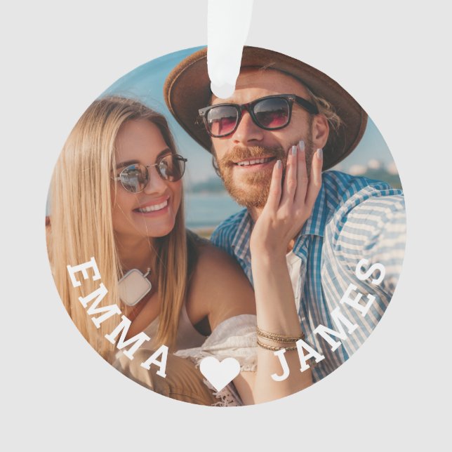 Cute Love Heart Photo Couples Personalised Names Ornament (Front)