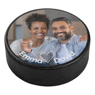 Cute Love Heart Photo Couples Personalized Names Hockey Puck
