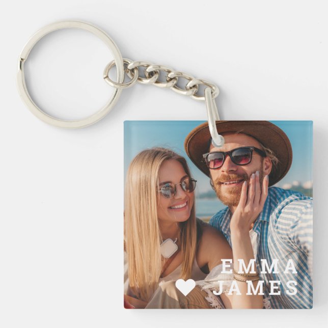 Cute Love Heart Photo Couples Personalized Names Key Ring (Front)