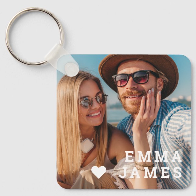 Cute Love Heart Photo Couples Personalized Names Key Ring (Front)