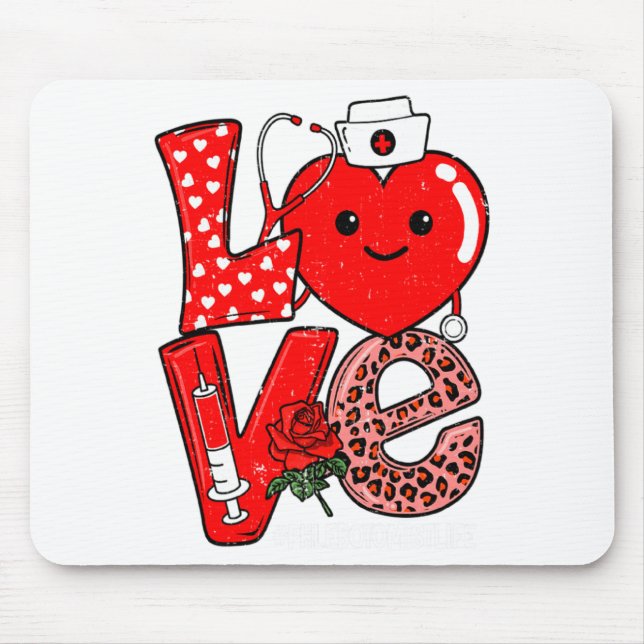 Cute Love Heart Stethoscope Phlebotomist Life Vale Mouse Pad (Front)