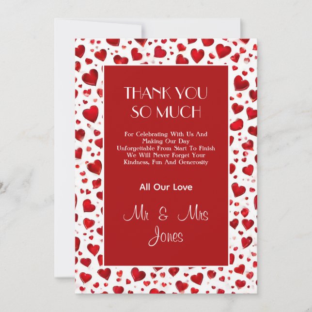 Cute Love Hearts Red And White Wedding Thank You Card (Front)